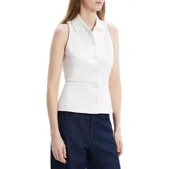 NWT THEORY Cotton Blend Piqué Peplum Top - White - Picture 4 of 12